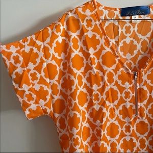 Blue Rain top orange trefoil print zip up tunic Sz L